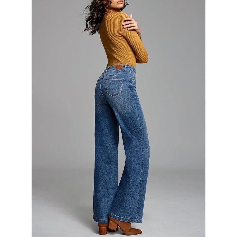Women's High Waisted Wide Leg Stretch Denim Jeans Zipper Pockets Casual